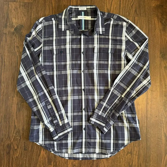Calvin Klein Western Navy Plaid Button Down 2 Pocket Cotton Mens Shirt Size L - Picture 1 of 3